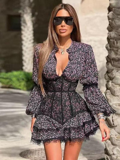 Floral Print Boning Corset Short Sleeves Dress