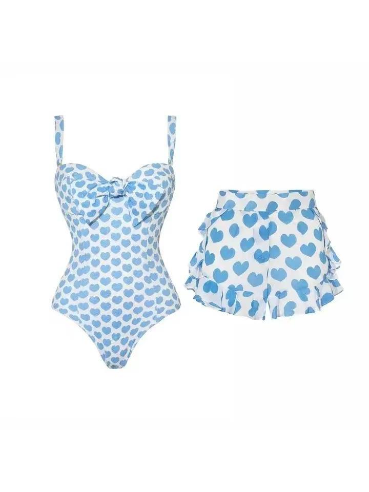 Heart Bow Swimsuit & Ruffle Shorts Swimsuit Set