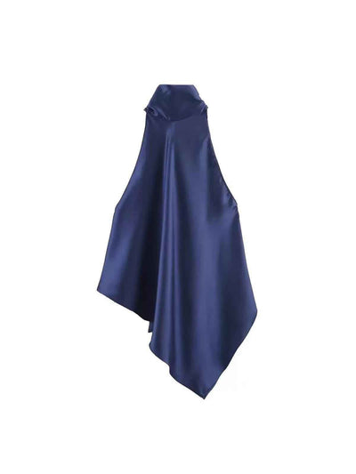 High-Neck Asymmetric Satin Cape Top in royal blue; elegant satin blouse with cape drape.