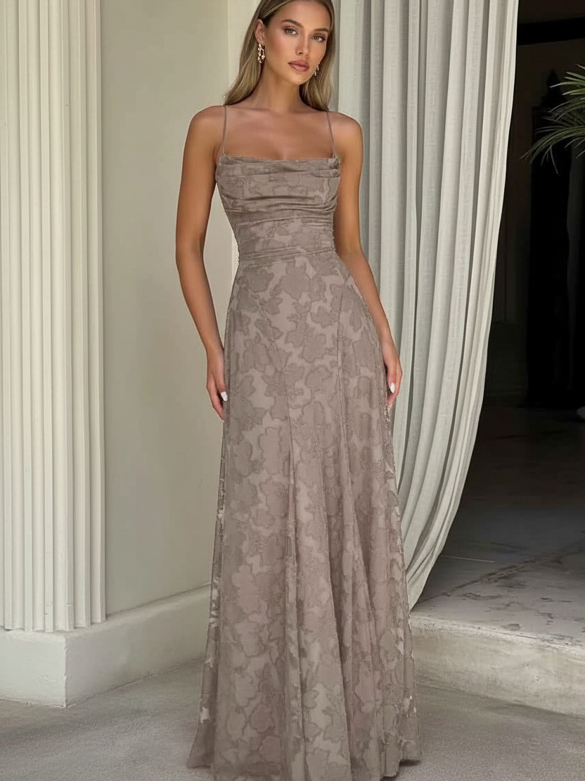 Sandstone Floral Lace Maxi Dress with thin straps in taupe floral lace, floor-length