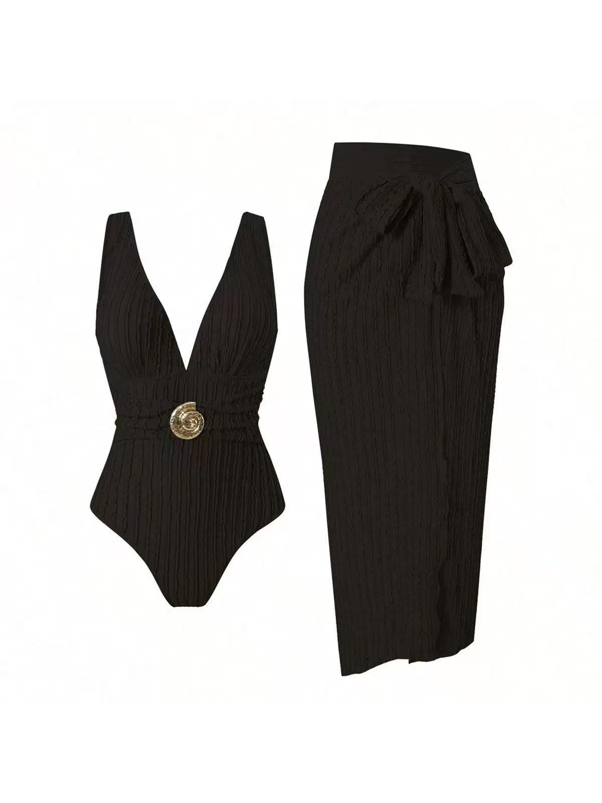 Swimwears textured plunge bikini & wrap sarong set, black 2-piece with gold belt buckle on sale