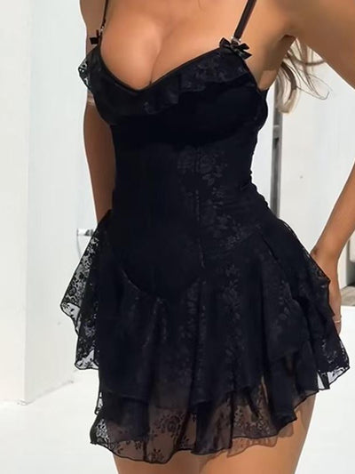 Spaghetti Strap Ruffle Lace Short Dress