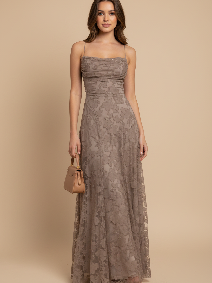 Sandstone Floral Lace Maxi Dress by Exclusives, taupe-toned lace with spaghetti straps.