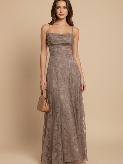 Sandstone Floral Lace Maxi Dress by Exclusives, taupe-toned lace with spaghetti straps.