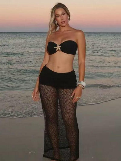 Starfish Bandeau Bikini & Sheer Crochet Maxi Skirt Set