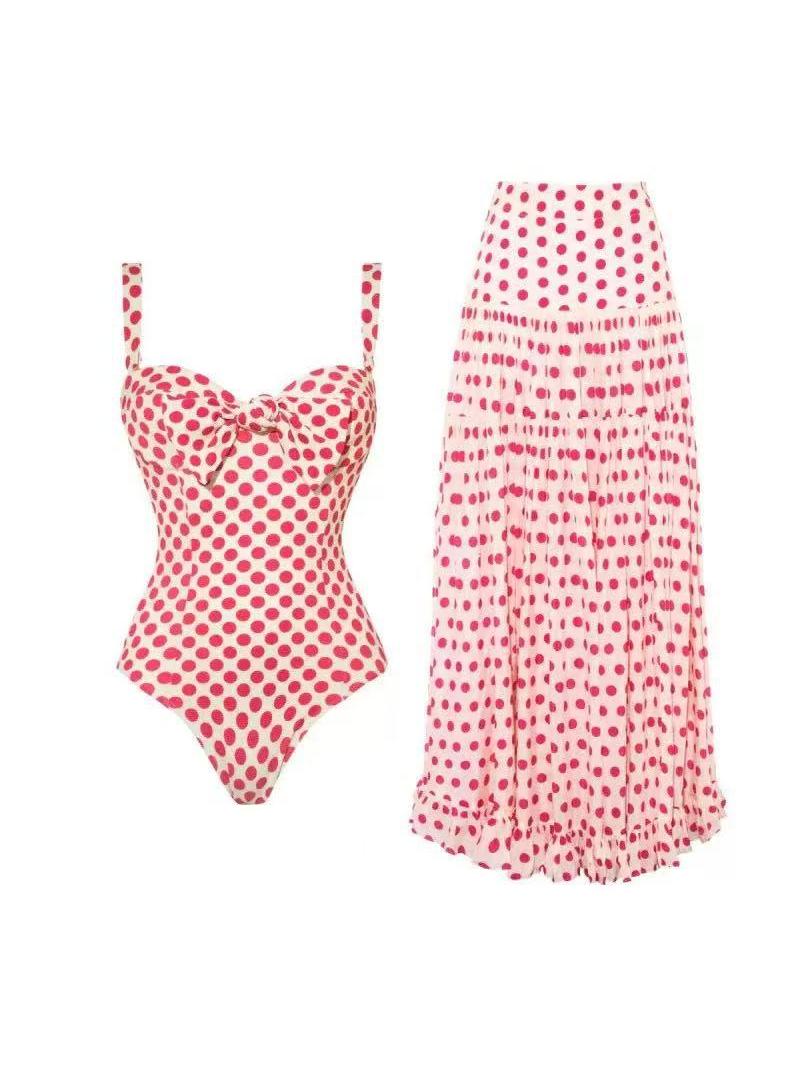 Heart Bow Swimsuit & Pleated Skirt Swimsuit Set
