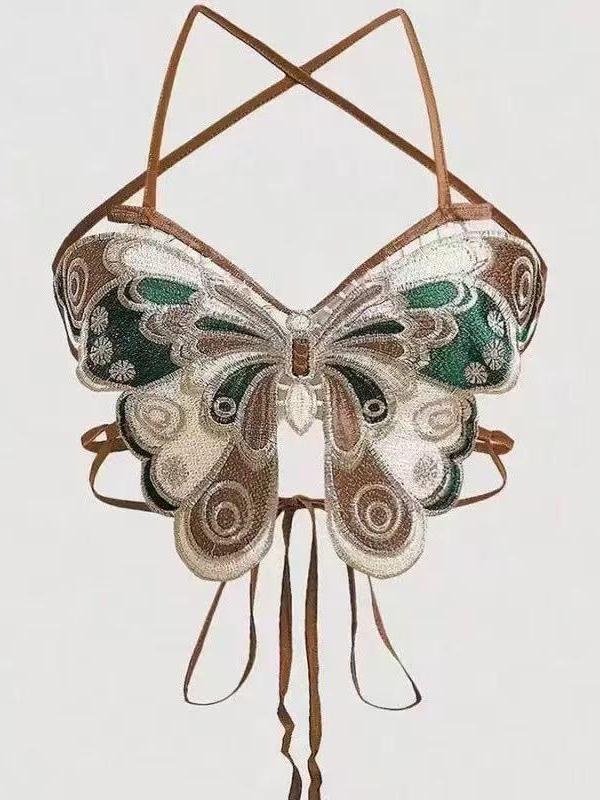 Embroidered Butterfly Backless Top