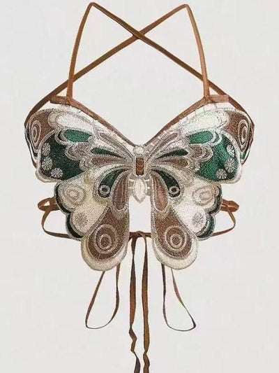 Embroidered Butterfly Backless Top