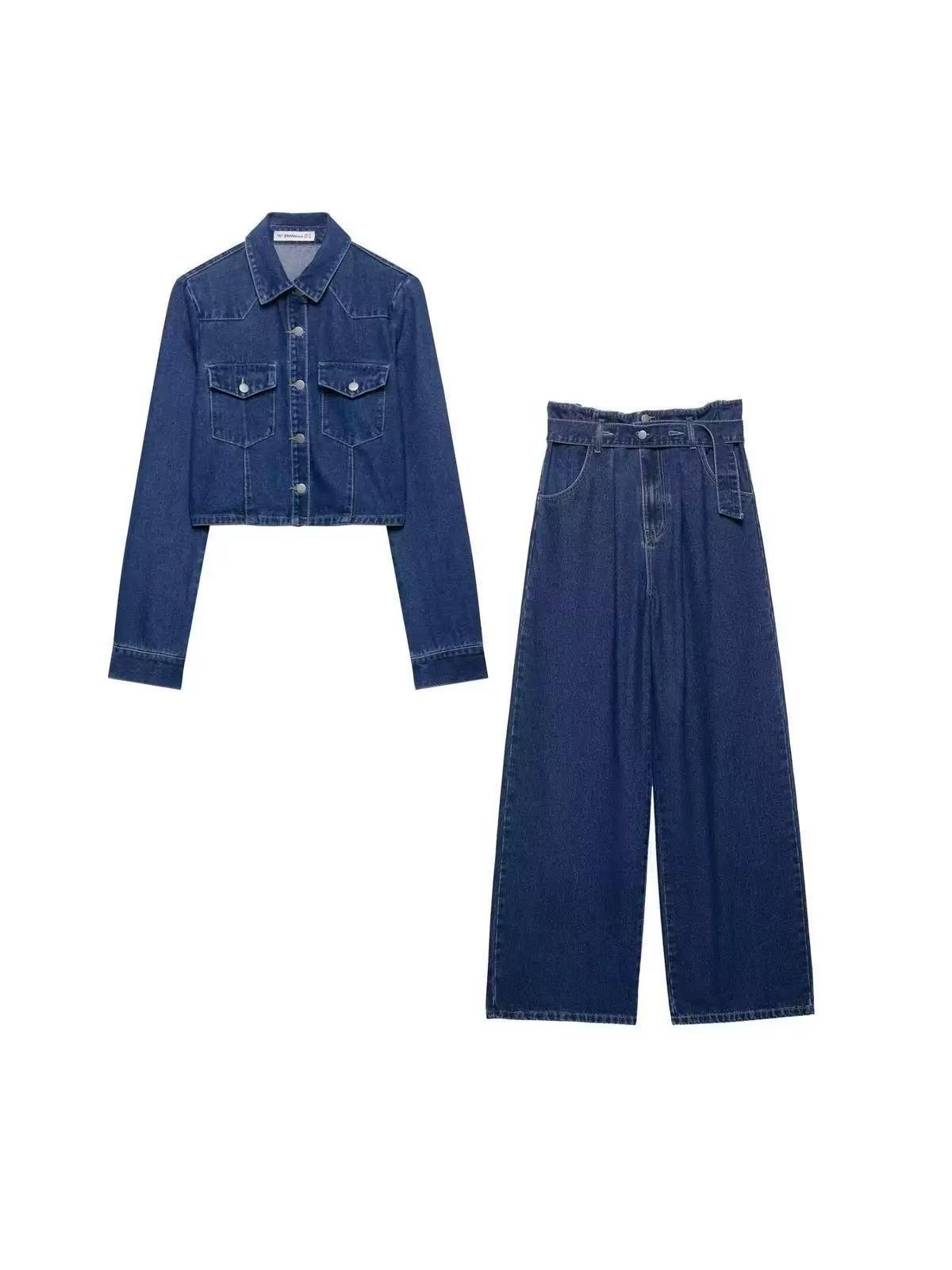 Denim Jacket Top & Pants Coord Set with Belt