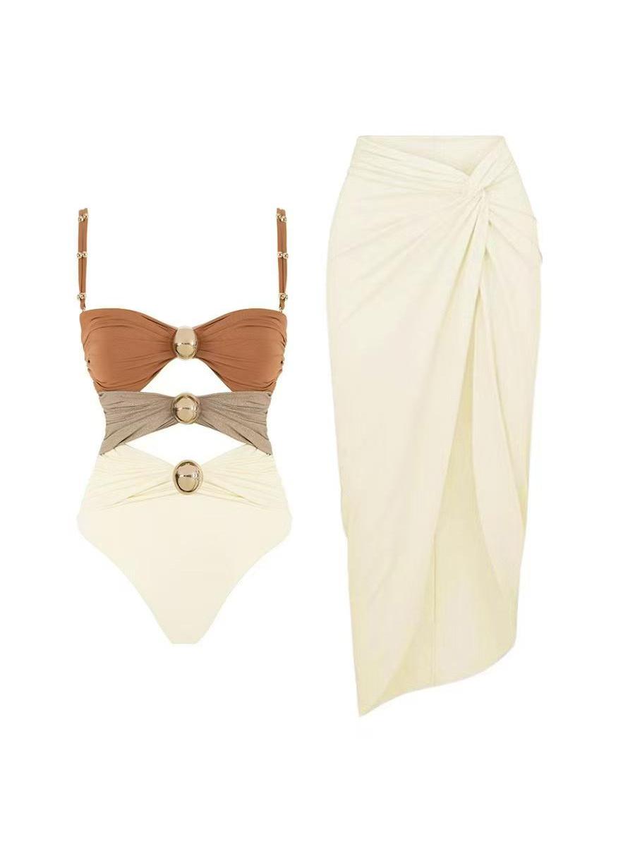 Round Buckle Hollow Out Cutout Swimsuit Skirt Coord Set