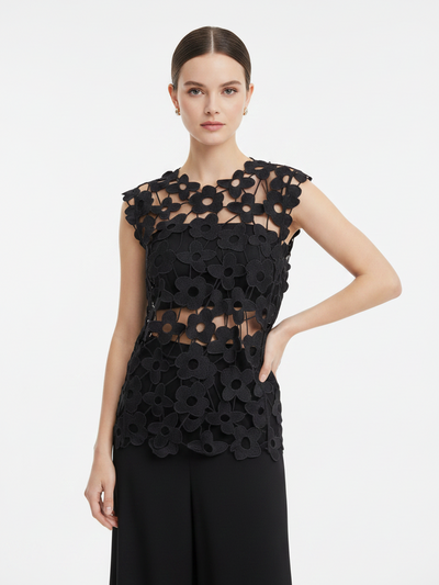 Flower Cutout Hollow Out Asymmetric Top by EXCLUSIVES, black mesh with 3D floral appliques.