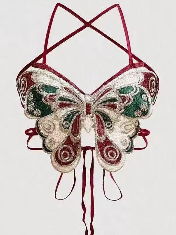 Embroidered Butterfly Backless Top