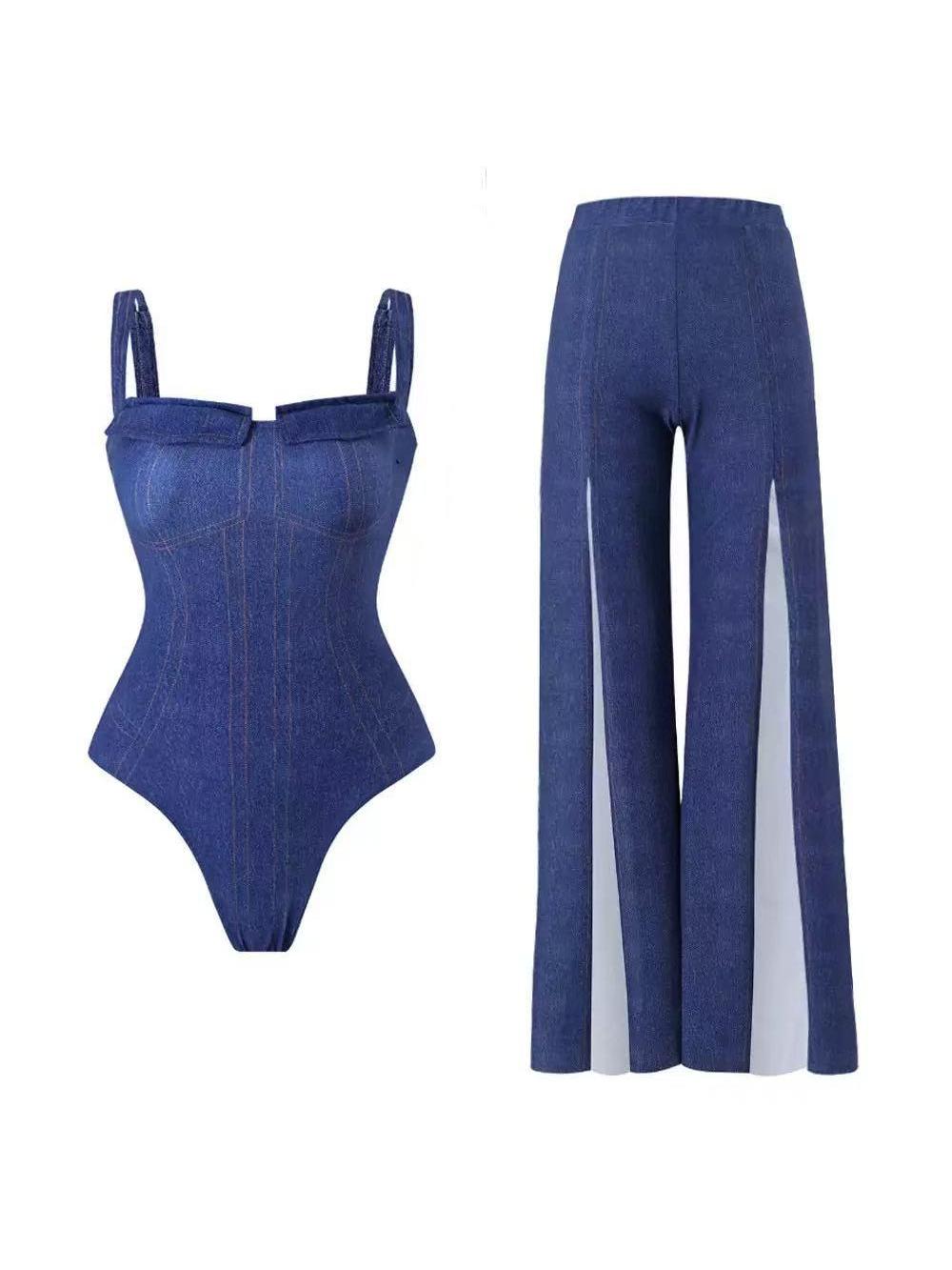 French Pockets Monokini & Pants Swimsuit Bikini Set