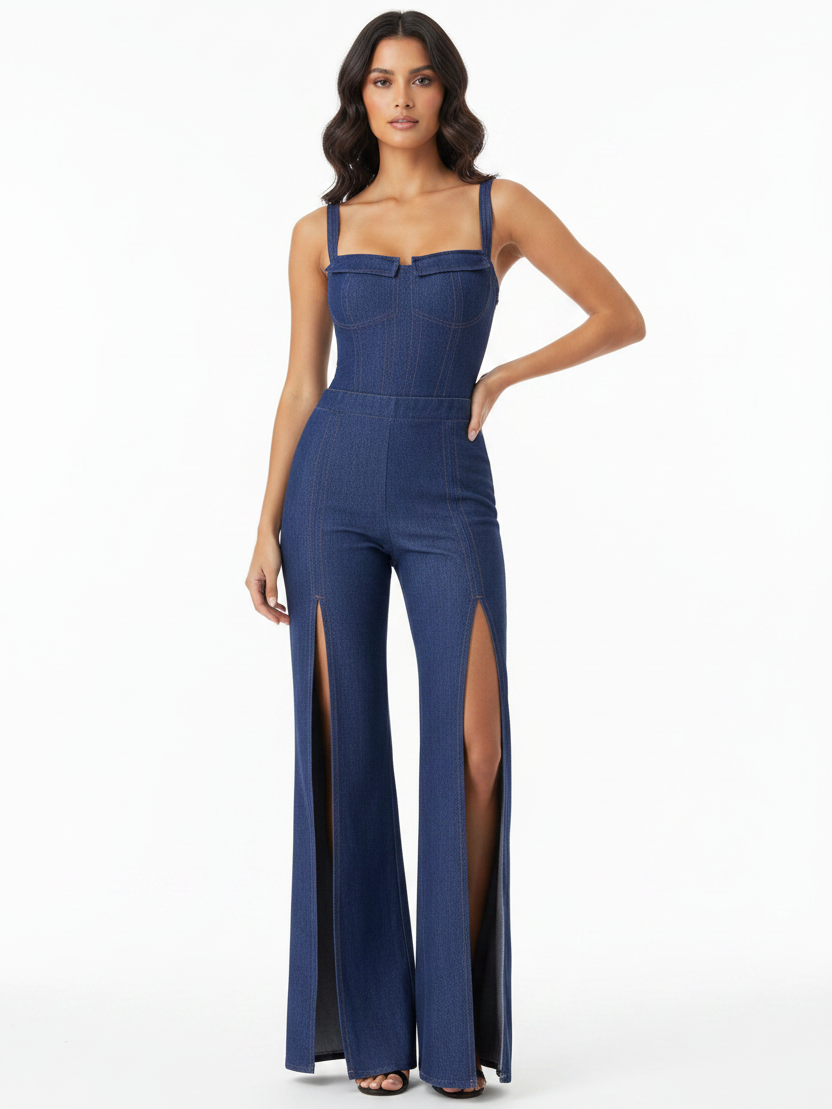 Monokini & Pants swimsuit set in blue denim-like fabric by Swimwears with front leg slits