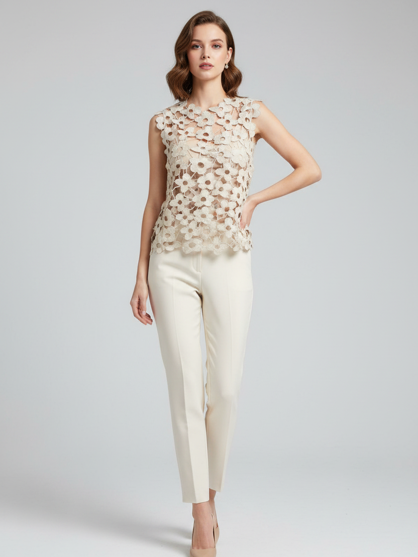 Flower Cutout Hollow Out Asymmetric Top in cream floral lace