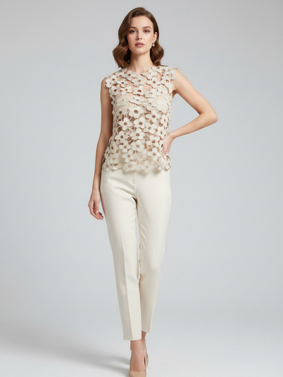 Flower Cutout Hollow Out Asymmetric Top in cream floral lace