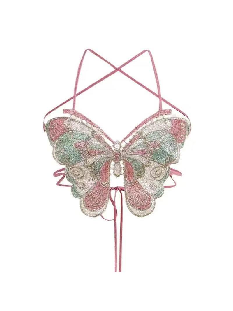 Embroidered Butterfly Backless Top