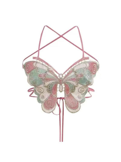 Embroidered Butterfly Backless Top
