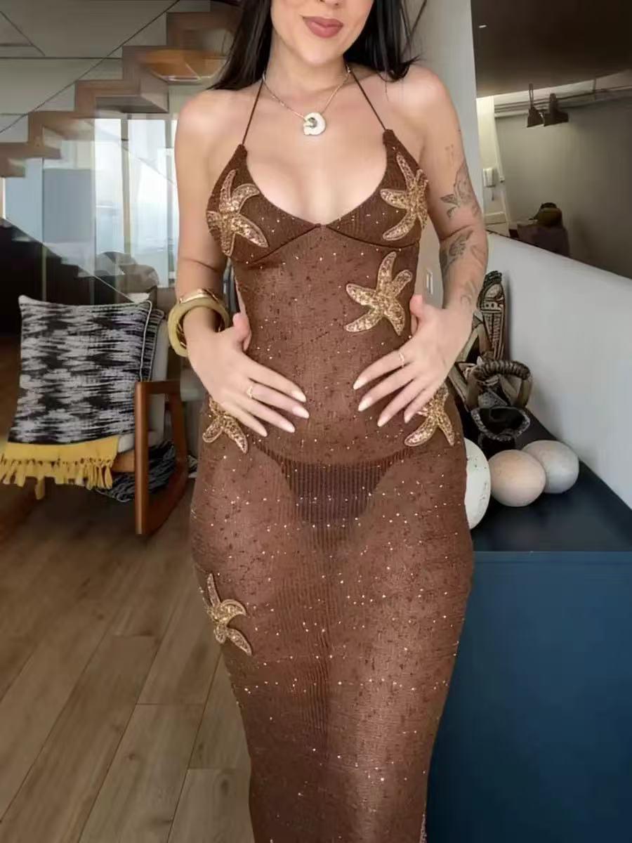 Costa Starfish Maxi Dress, brown sequin dress with gold starfish embroidery and fringe detailing.