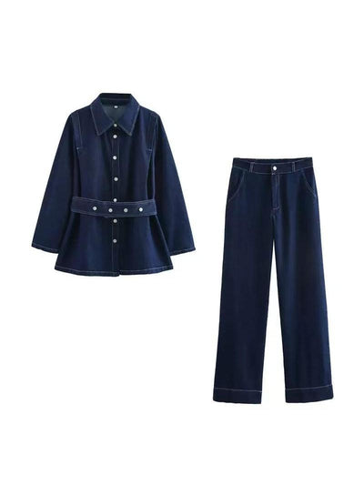 Denim Long Jacket Top & Pants coord Set