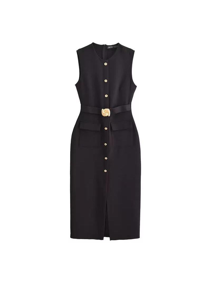 Sleeveless Applique Belt Midi Dress