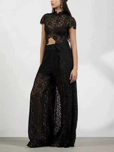 Celeste Lace Wide-Leg Co-ord Set by Exclusives, black lace outfit set.