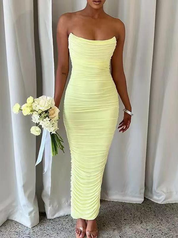 Ethereal Ruched Strapless Bodycon Midi Dress