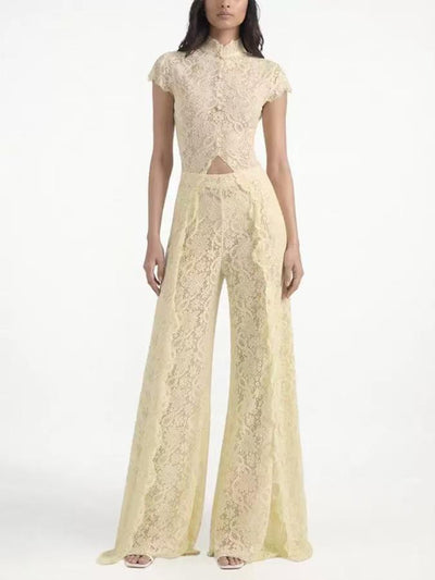 Celeste Lace Wide-Leg Co-ord Set by EXCLUSIVES, beige lace two-piece outfit with cropped top and wide-leg pants