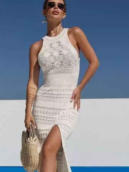 Crochet Knit Side-Slit Midi Dress