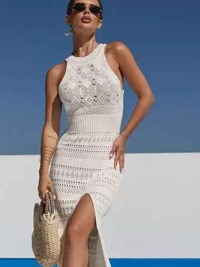 Crochet Knit Side-Slit Midi Dress