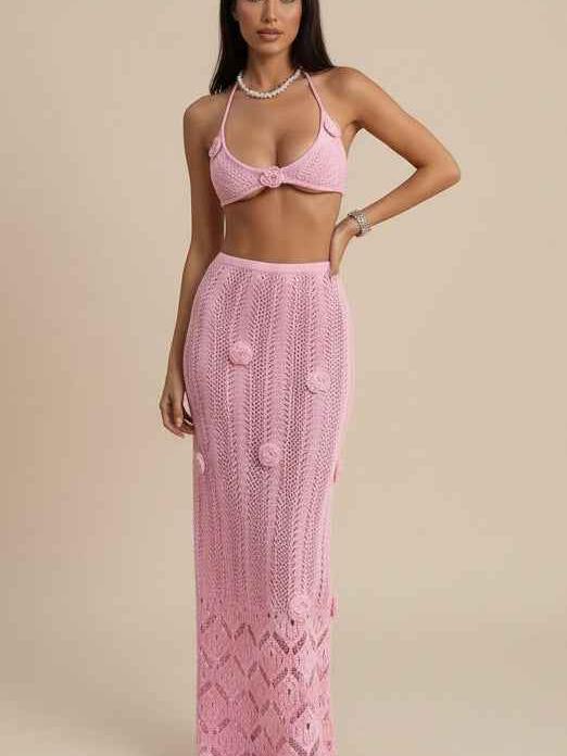 Shoreline Crochet Halter Skirt Set