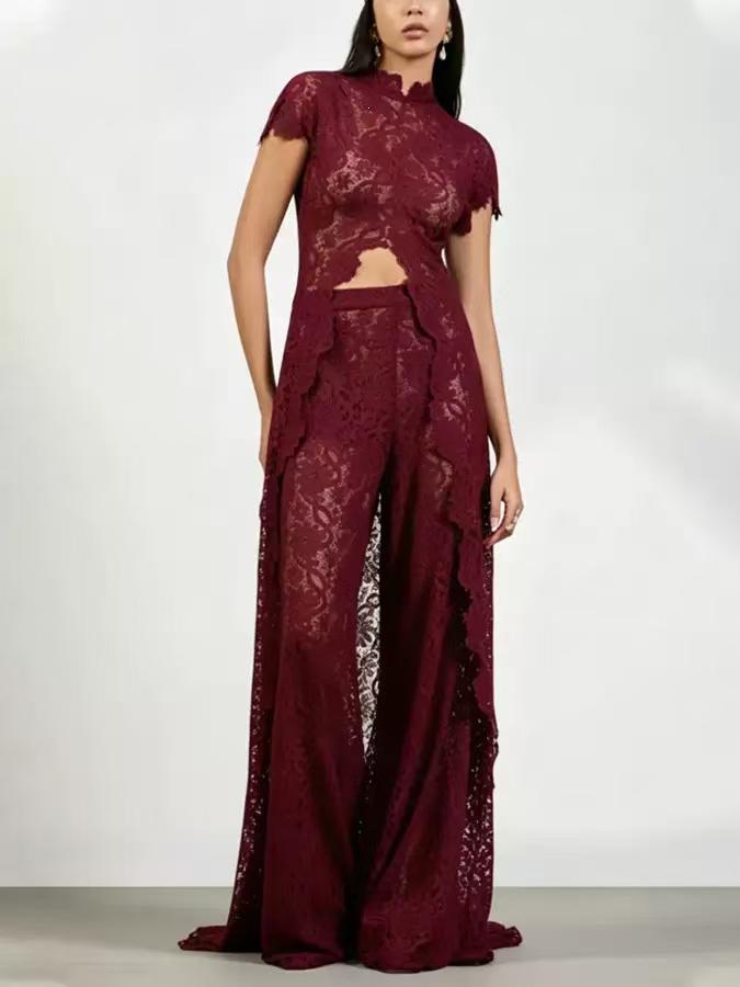 Celeste Lace Wide-Leg Two-Piece Co-ord Set by EXCLUSIVES, burgundy lace outfit with high-neck top and wide-leg pants.