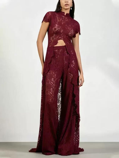 Celeste Lace Wide-Leg Two-Piece Co-ord Set by EXCLUSIVES, burgundy lace outfit with high-neck top and wide-leg pants.