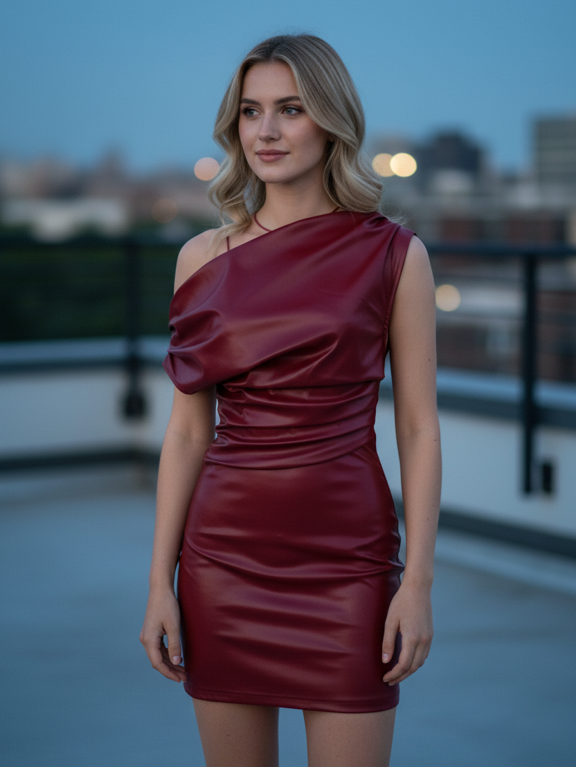 Blonde model in a burgundy faux-leather one-shoulder draped mini dress, standing on a rooftop with blurred city lights behind.