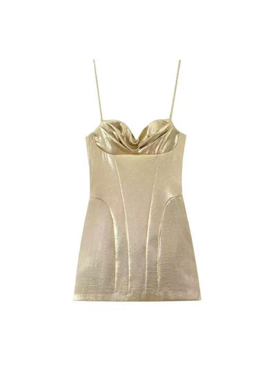 Giselle Gold Mini Dress, gold metallic fabric with spaghetti straps
