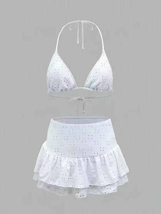 Isla Eyelet Halter Co-Ord Set 2-Piece by Exclusives, white eyelet halter top and tiered skirt