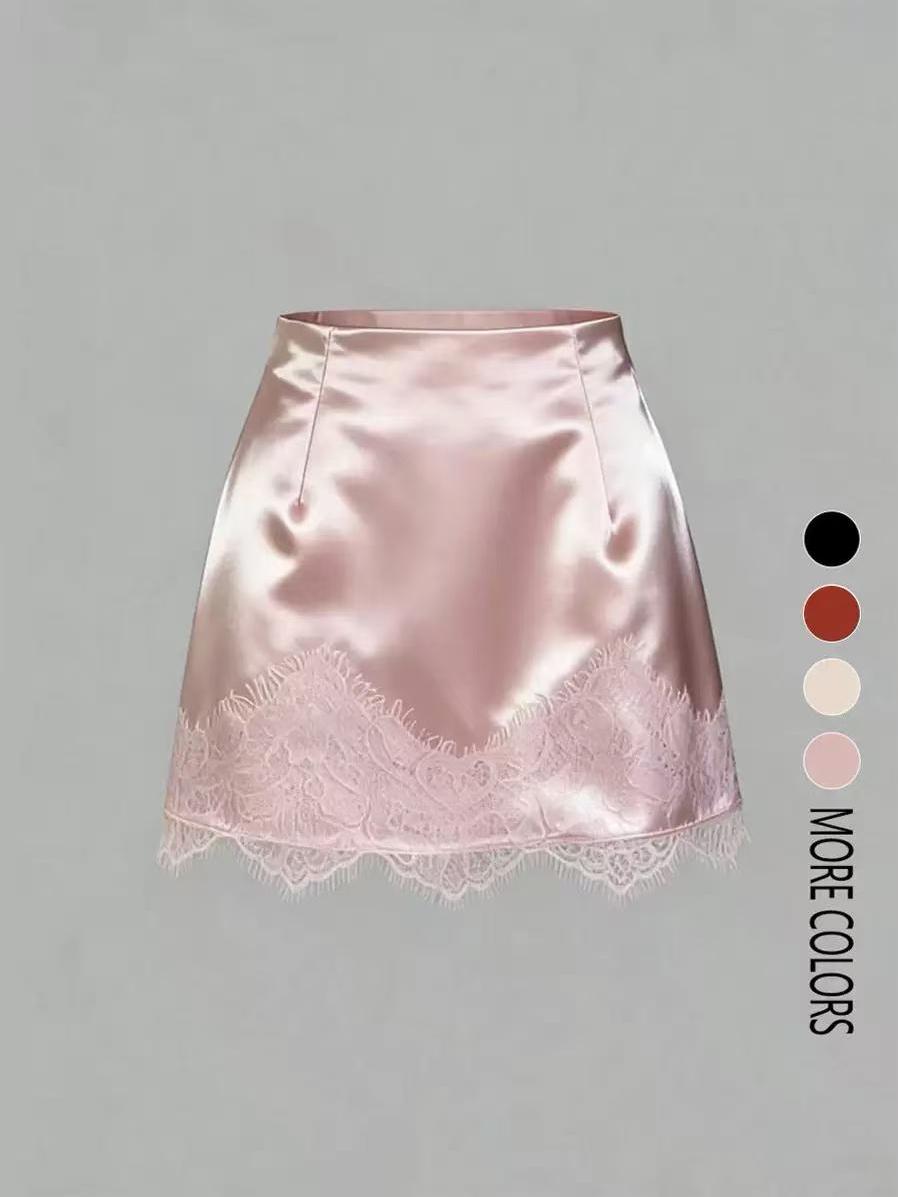Luna Lace Satin Mini Skirt; pink satin with scalloped lace hem.