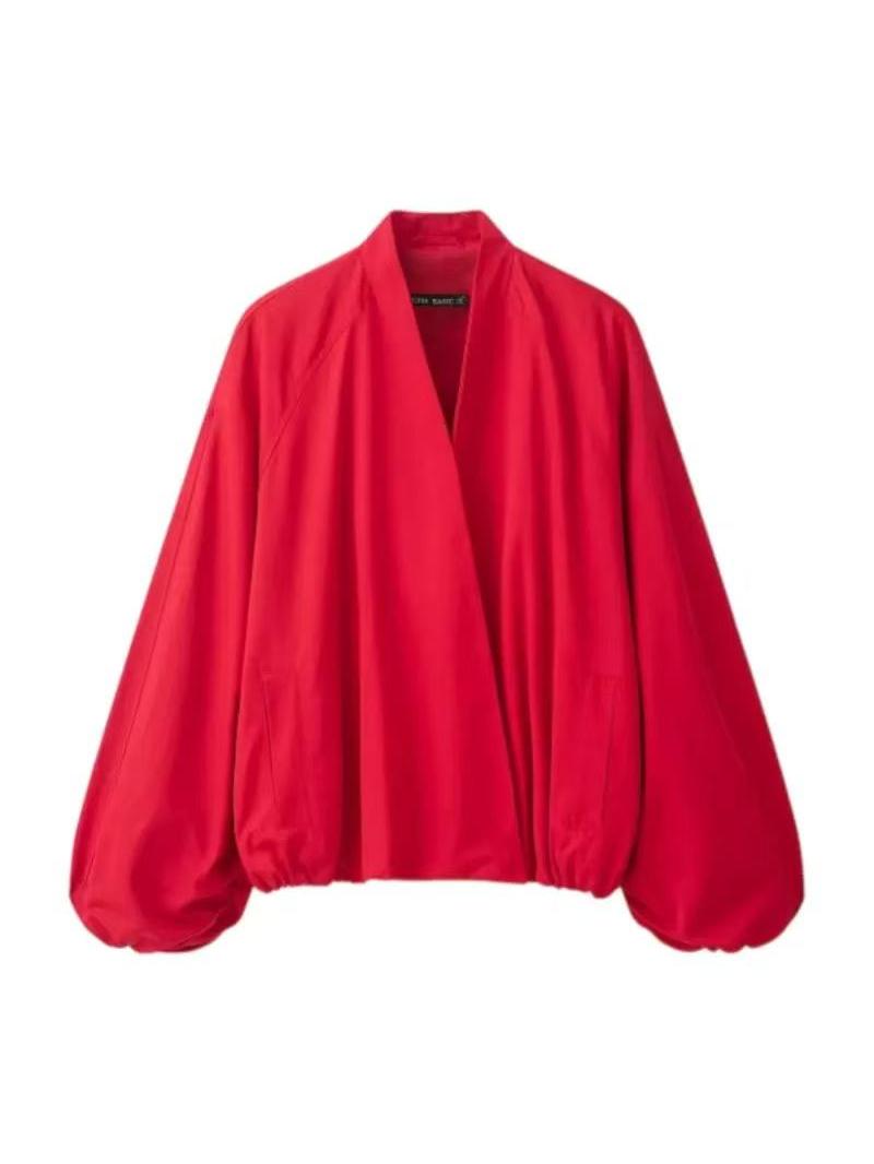 Balloon Sleeve Wrap Jacket by EXCLUSIVES; red satin-like jacket with oversized gathered cuffs