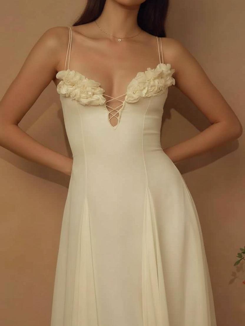 Floral Appliqué Lace-Up Midi Dress