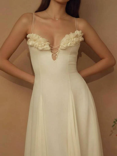 Floral Appliqué Lace-Up Midi Dress