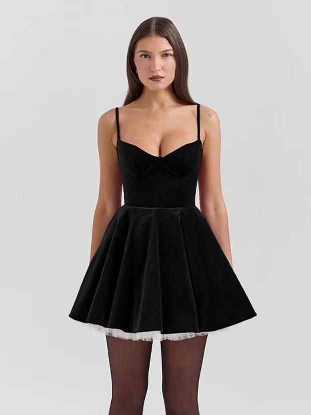 Spaghetti Strap Velvet Flare Short Dress
