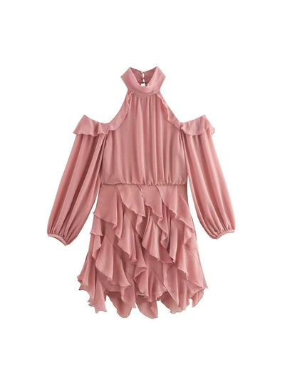 Cutout Puff Sleeve Ruffle Short Dress