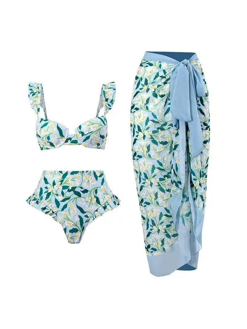 Floral Ruffle Bikini & Sarong Swimsuit Set