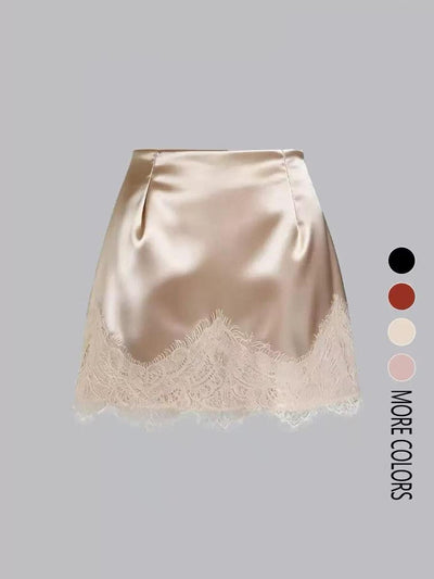 Luna Lace Satin Mini Skirt by EXCLUSIVES, nude satin with delicate lace hem, on sale