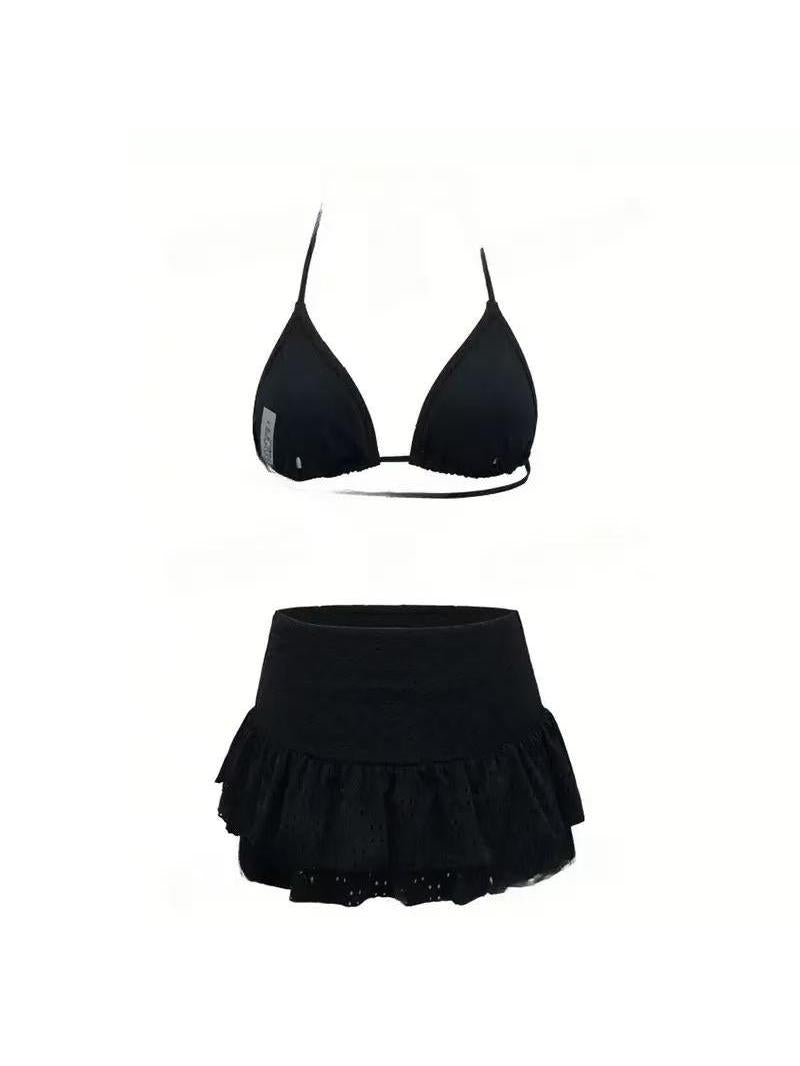 Isla Eyelet Halter Co-Ord Set by Exclusives; black two-piece outfit with halter top and ruffled eyelet skirt