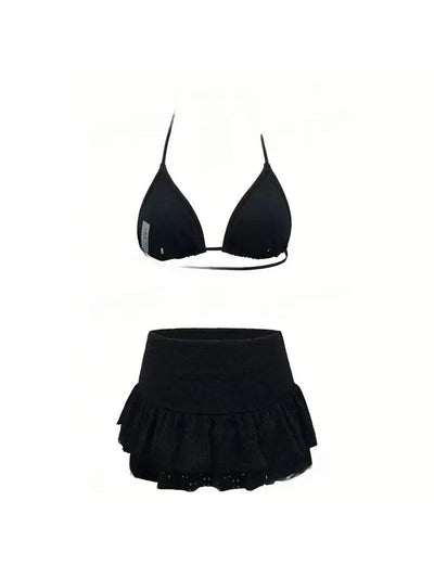 Isla Eyelet Halter Co-Ord Set by Exclusives; black two-piece outfit with halter top and ruffled eyelet skirt
