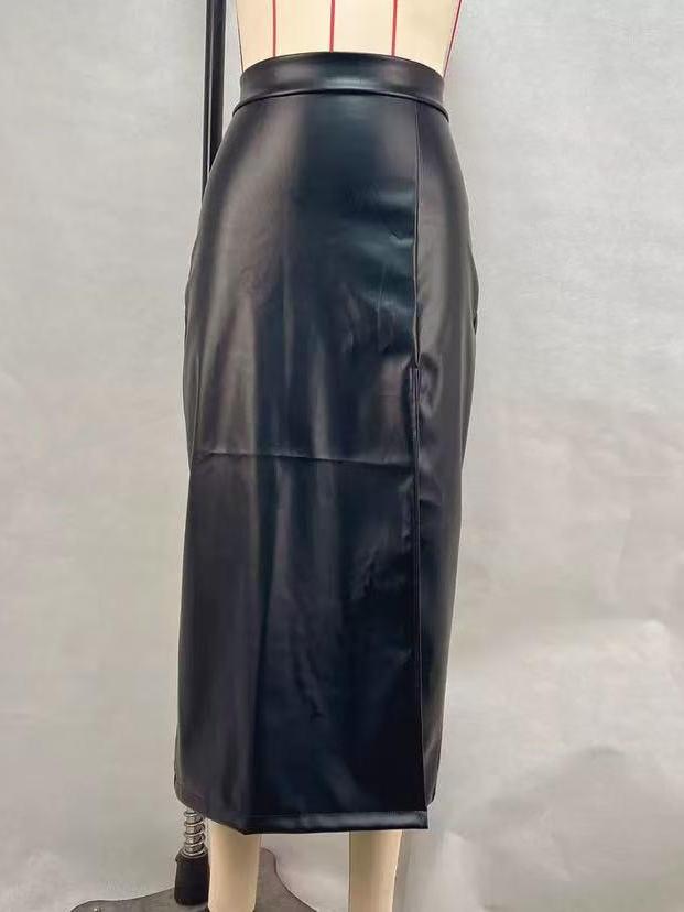 Side view of black faux leather pencil midi skirt on a display mannequin, high slit, glossy finish, fitted waistband.