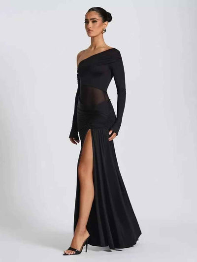 One-shoulder mesh panel black maxi dress by Exclusives with high slit