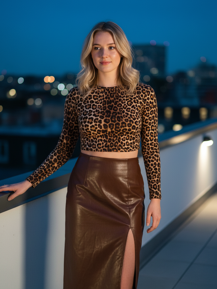 Woman in leopard print long-sleeve top and brown faux-leather high-slit pencil midi skirt on a rooftop at dusk.
