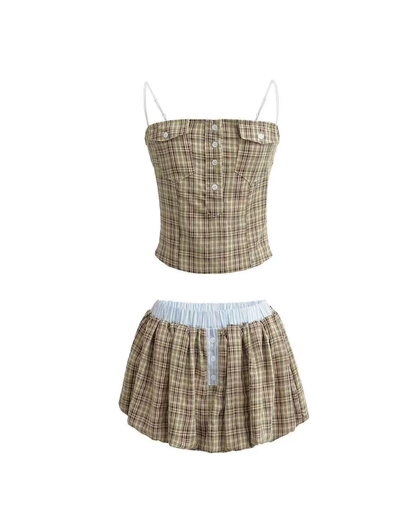 Gingham Print Corset Pocket Top & Skort Skirt Coord Set